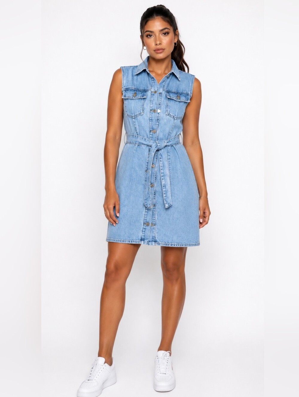 Sleeveless Light Blue Denim Shirt Dress with Tie Waist
